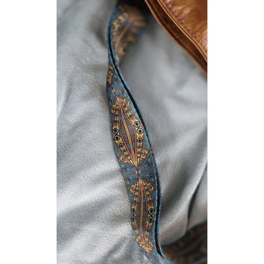 Cognac Brown Crossbody Bag Boho Patterned Guitar Strap Foldover Faux Leather